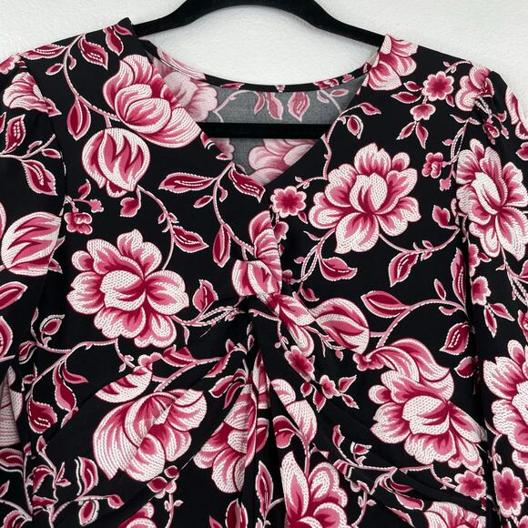 Pink Floral Front Twist Midi Stretch Textured Dress Romantic 90s Career Wear - Picture 2 of 12